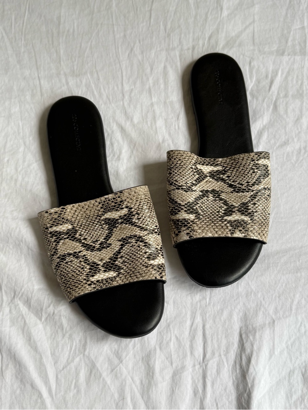 Women's Snake-Print Slide Sandals in Beige and Black